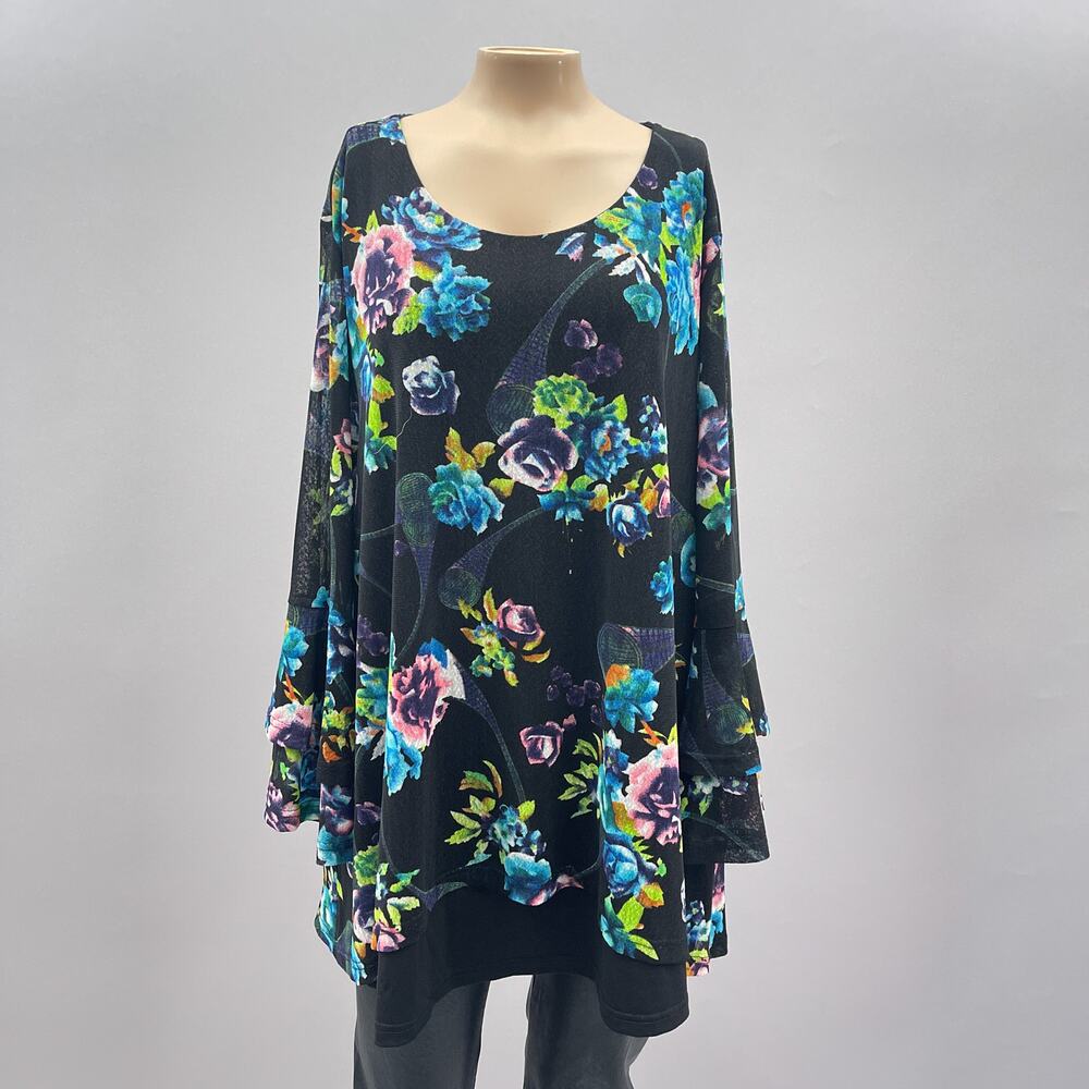 Calessa Top Women 2X Black Floral Print Tunic Blouse 3/4 Bell Sleeve Artsy Mesh